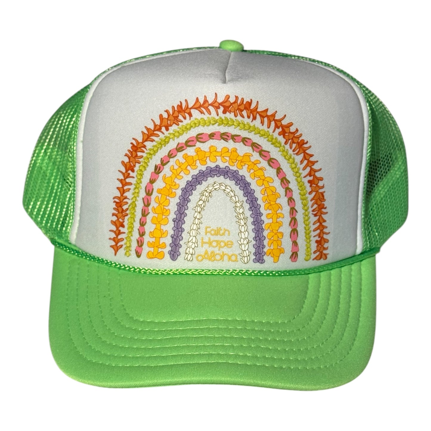 Faith Hope Aloha Sunrise Neon Green/White Ānuenue (Rainbow) Lei Trucker Hat
