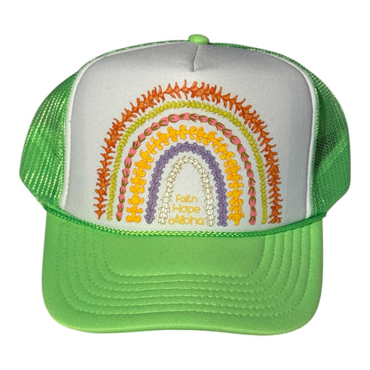 Faith Hope Aloha Sunrise Neon Green/White Ānuenue (Rainbow) Lei Trucker Hat