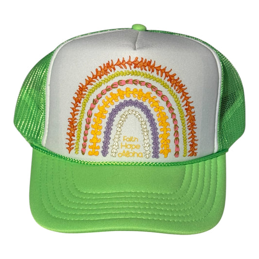 Faith Hope Aloha Sunrise Neon Green/White Ānuenue (Rainbow) Lei Trucker Hat