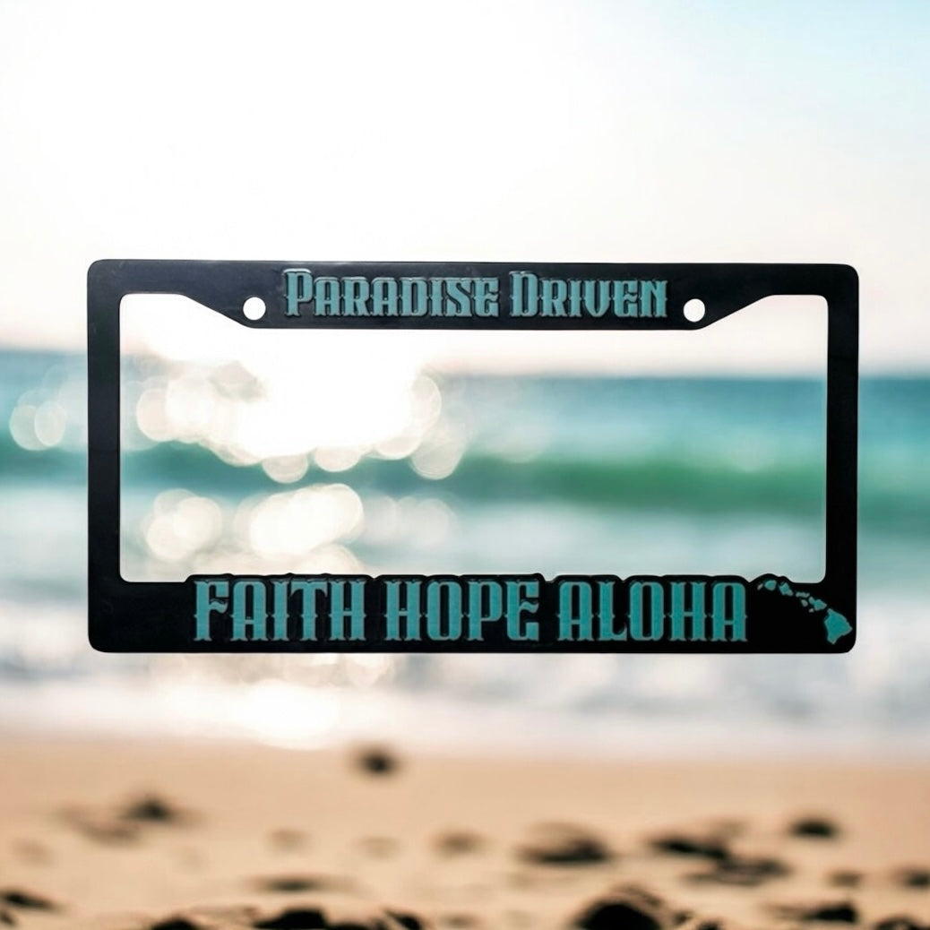 FHA PARADISE DRIVEN Teal Blue/Black License Plate Frame