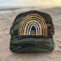 Faith Hope Aloha Hot Pink Ānuenue (Rainbow) Lei Green Camouflage Trucker Hat