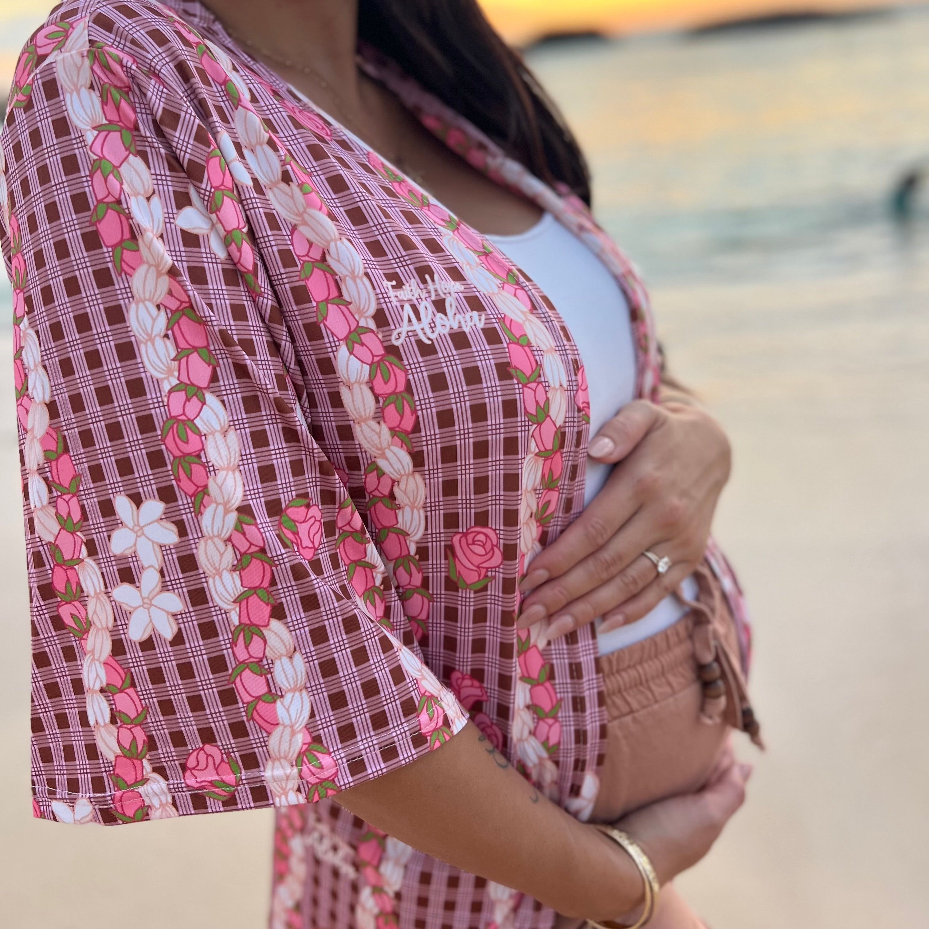 Womens Pink and Brown Palaka Pikake Lokelani Rose Lei Kimono