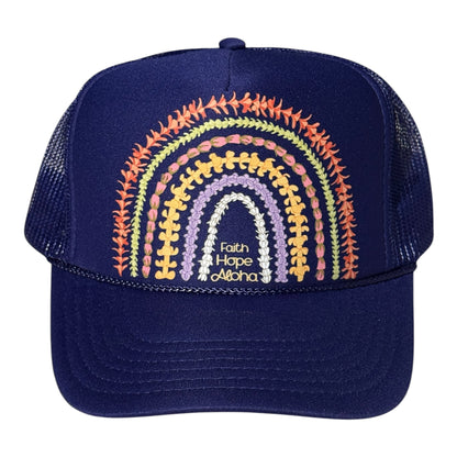 Faith Hope Aloha Poni (Purple) Ānuenue (Rainbow) Lei Trucker Hat