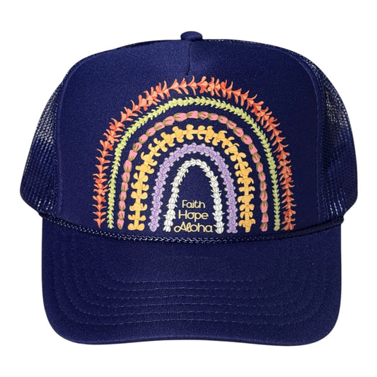 Faith Hope Aloha Poni (Purple) Ānuenue (Rainbow) Lei Trucker Hat