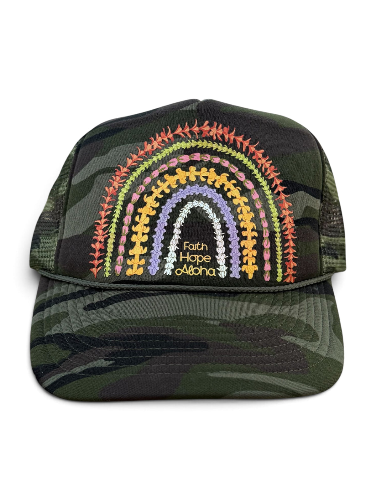 Faith Hope Aloha Hot Pink Ānuenue (Rainbow) Lei Green Camouflage Trucker Hat