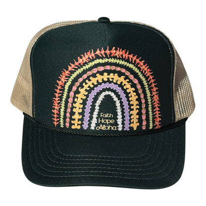Faith Hope Aloha Dark Green/Beige  Ānuenue (Rainbow) Lei Trucker Hat