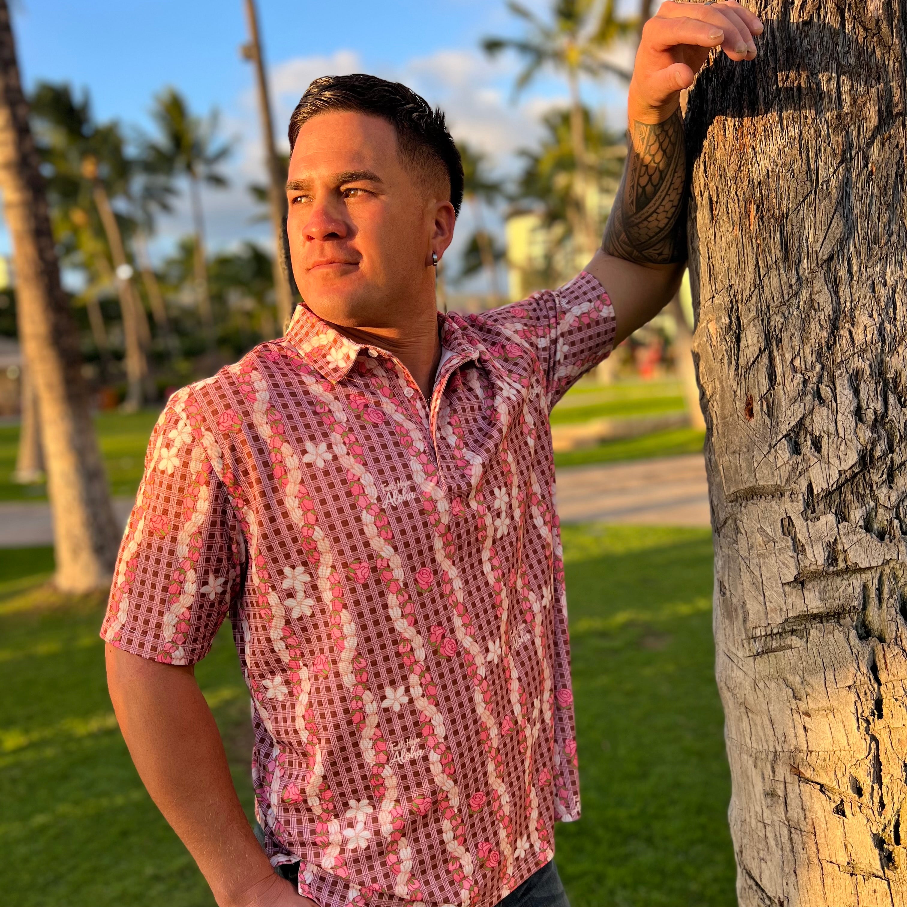 Mens Pink and Brown Palaka Pikake Lokelani Rose Polo