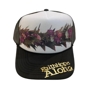 Purple & Pink Rose with Red Ti Leaf Po’o Trucker Hat