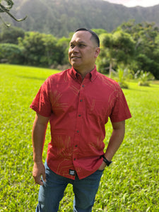 Red & Gold Mana`o`io Bird of Paradise Mens Aloha Shirt
