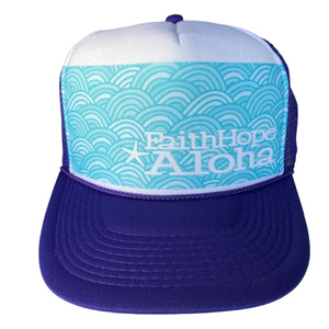 Faith Hope Aloha Purple/White with Turquoise Blue Ocean Fun Design Trucker Hat