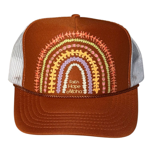 Faith Hope Aloha Sunrise Orange/White Ānuenue (Rainbow) Lei Trucker Hat