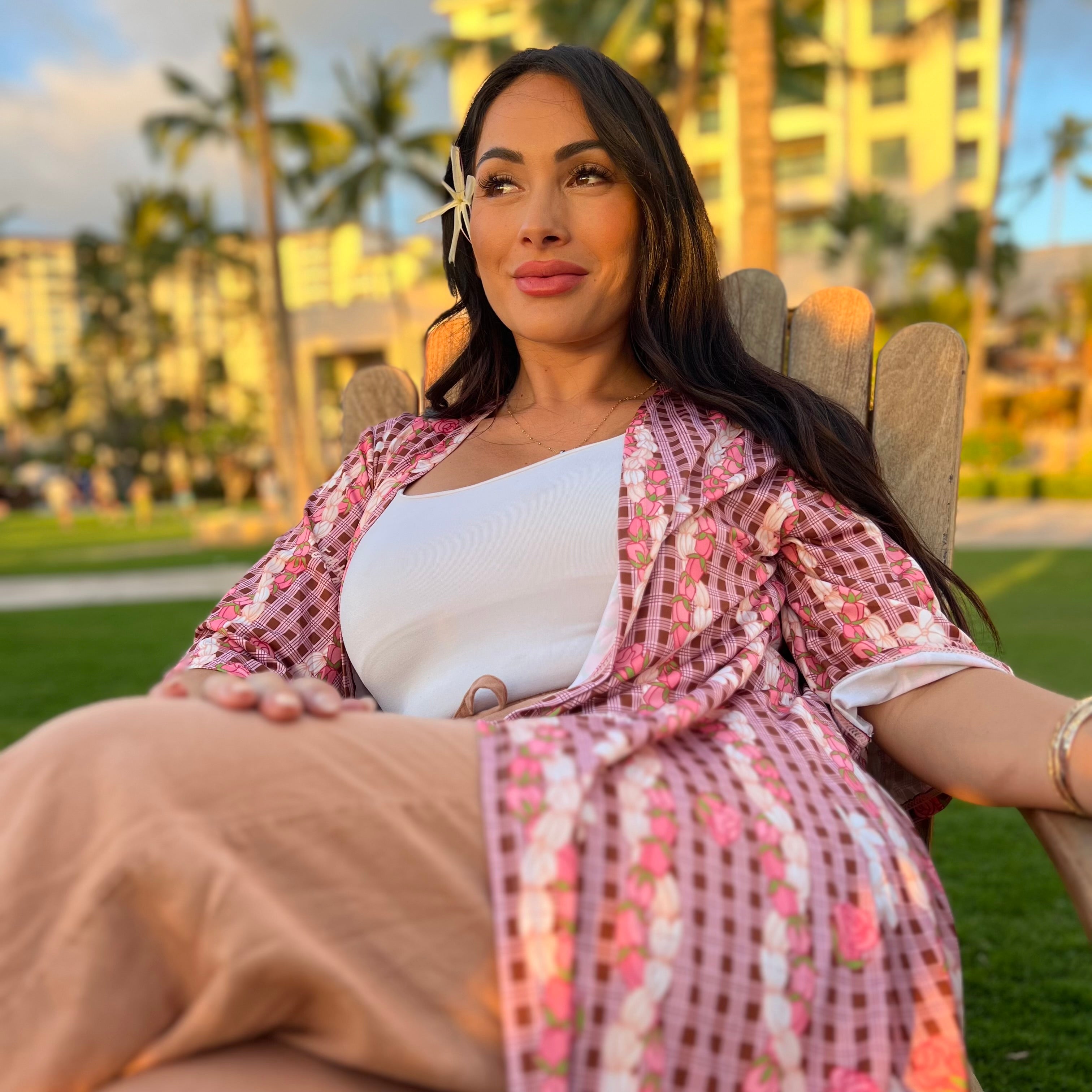 Womens Pink and Brown Palaka Pikake Lokelani Rose Lei Kimono