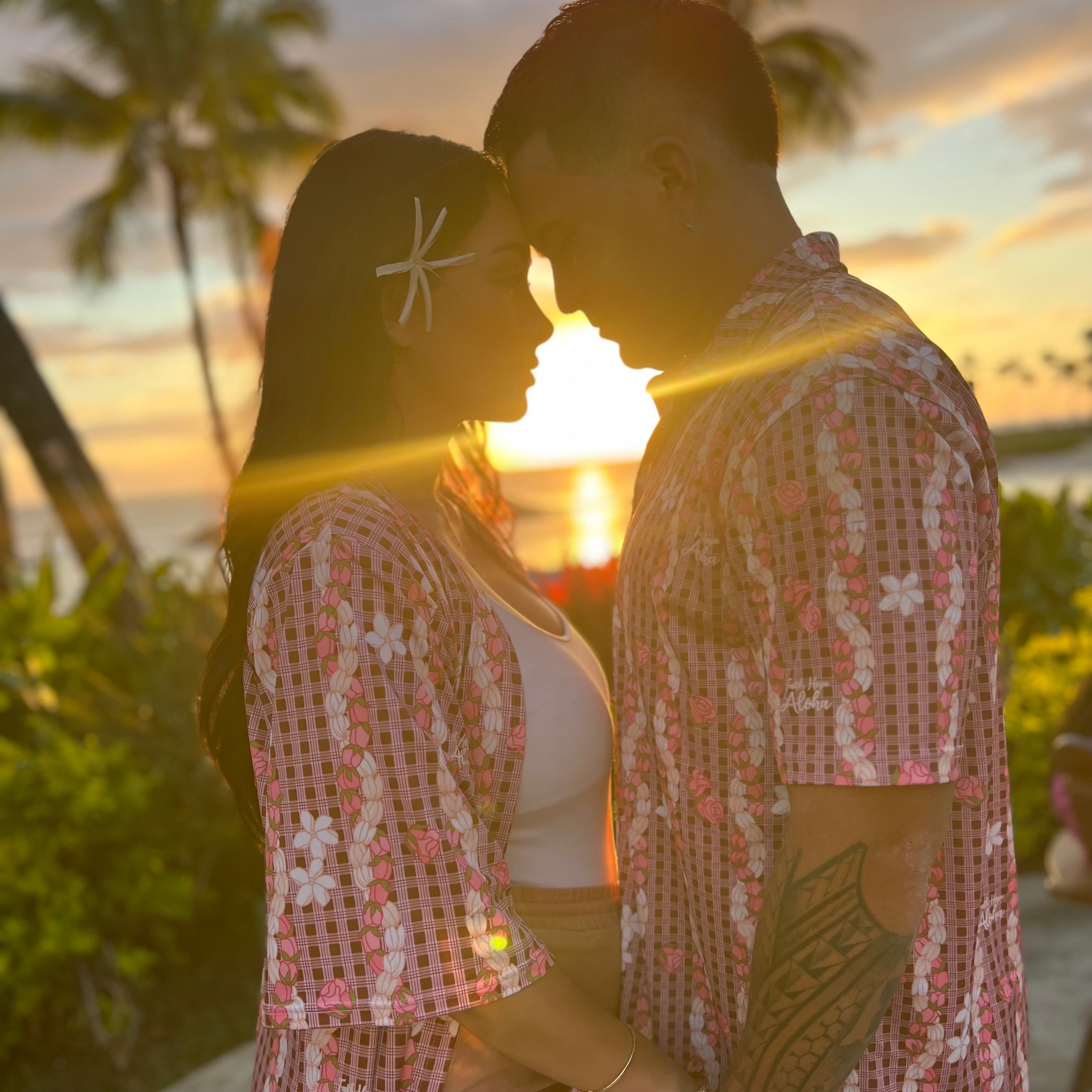 Mens Pink and Brown Palaka Pikake Lokelani Rose Polo