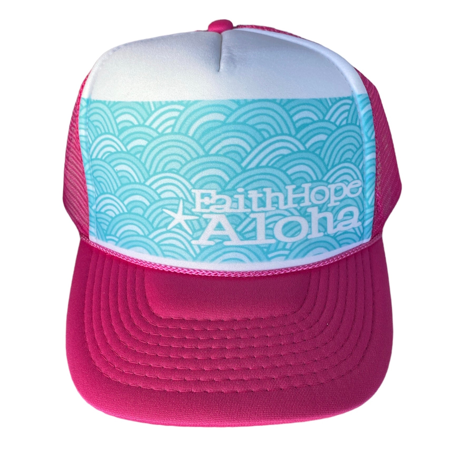 Faith Hope Aloha Hot Punk/White with Turquoise Blue Ocean Fun Design Trucker Hat