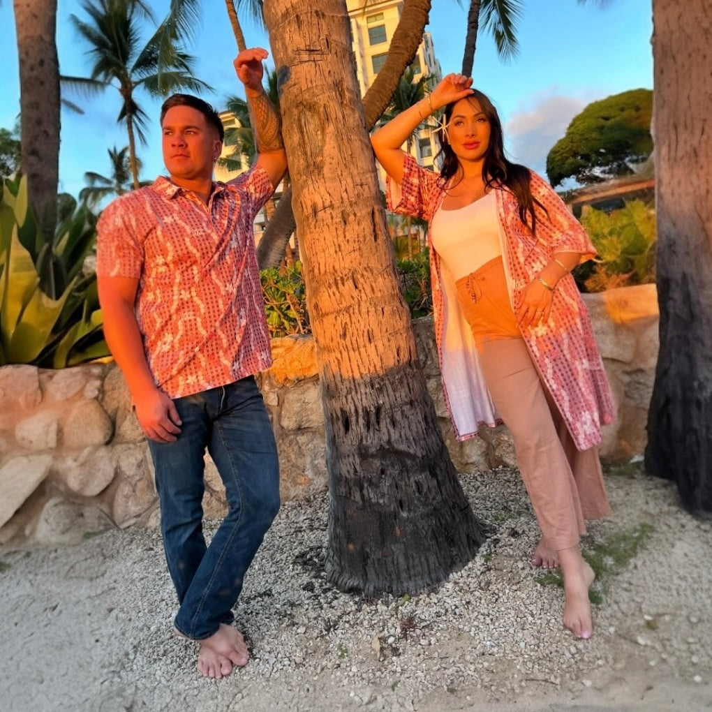 Womens Pink and Brown Palaka Pikake Lokelani Rose Lei Kimono