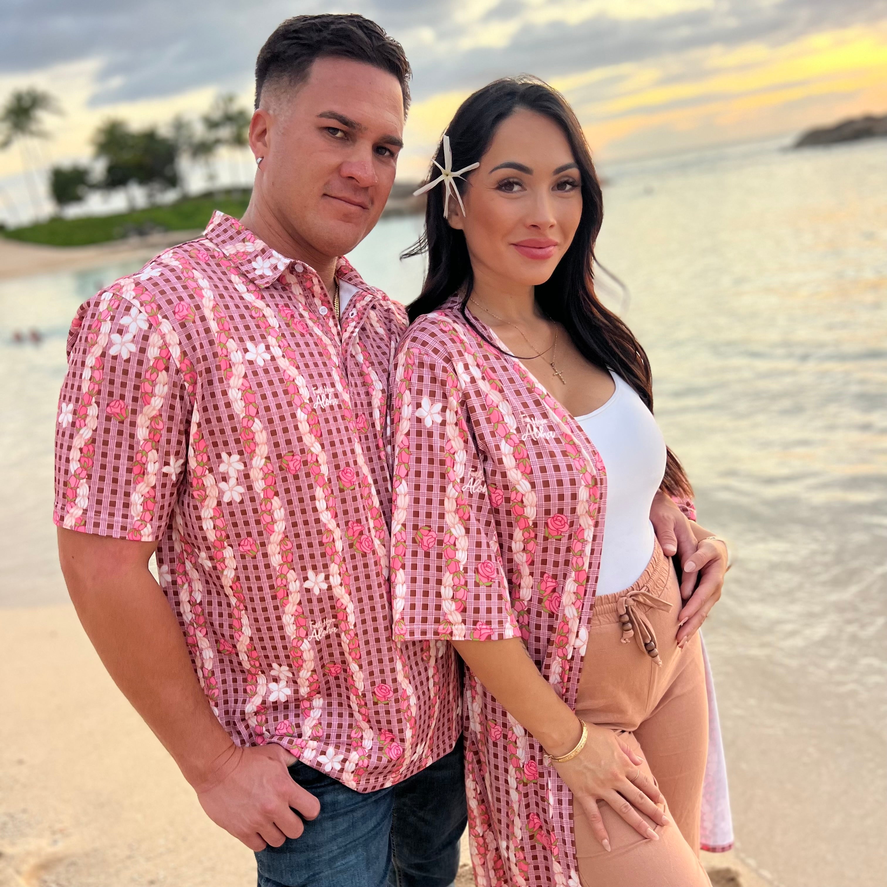 Mens Pink and Brown Palaka Pikake Lokelani Rose Polo