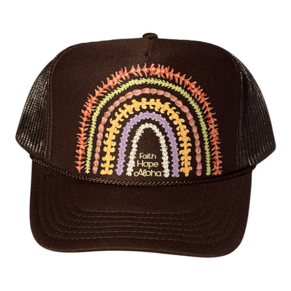 Faith Hope Aloha Brown Ānuenue (Rainbow) Lei Trucker Hat