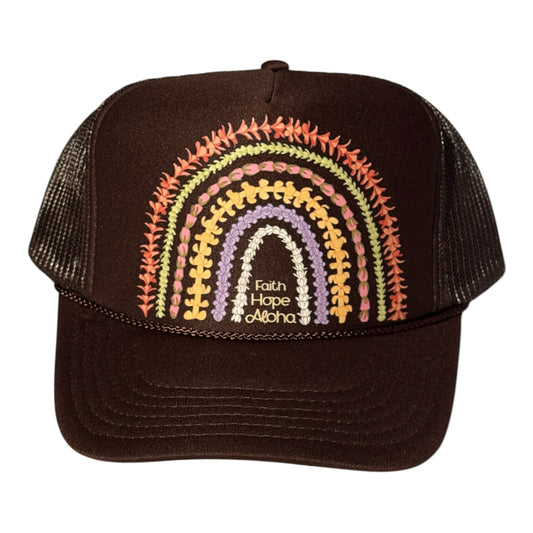 Faith Hope Aloha Brown Ānuenue (Rainbow) Lei Trucker Hat
