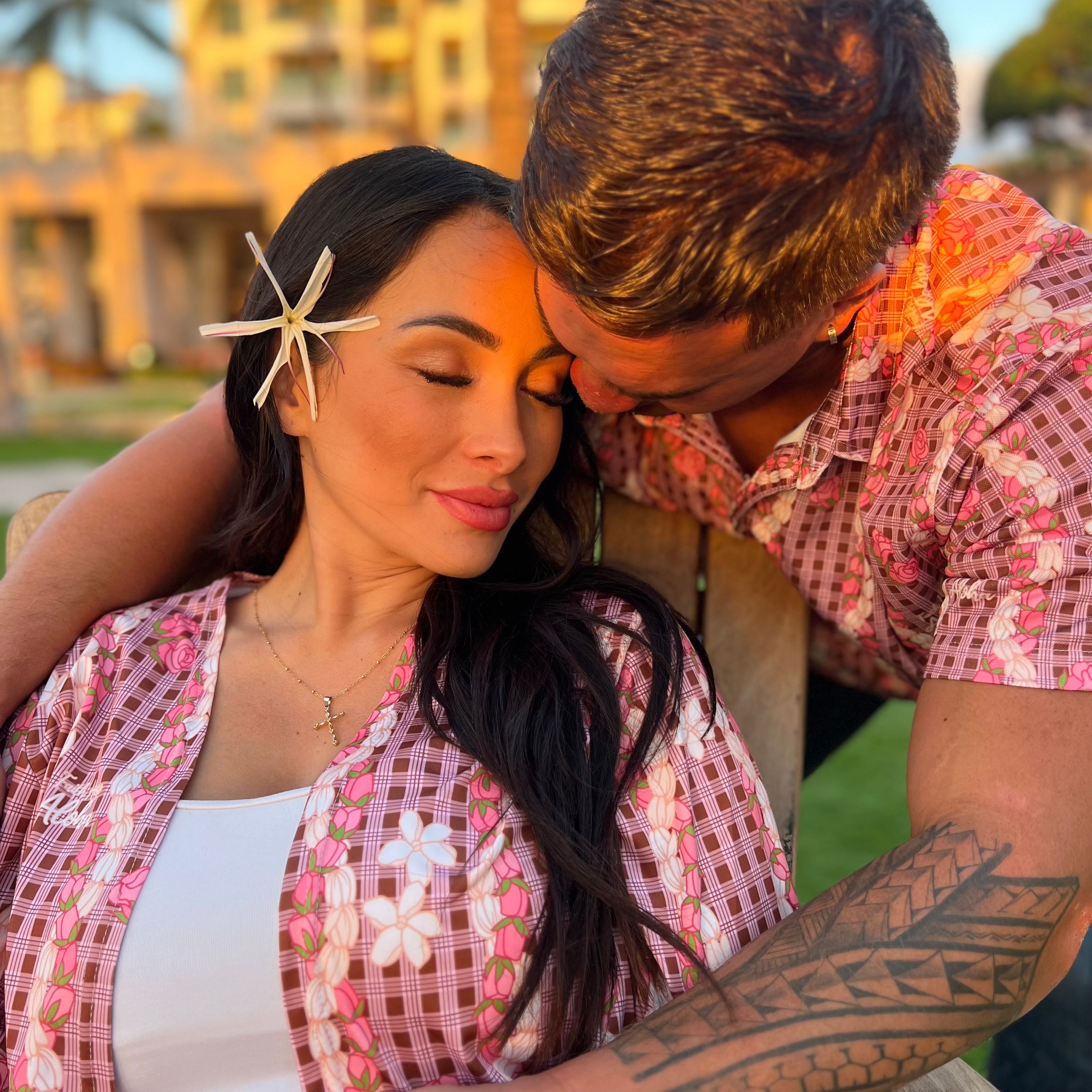 Womens Pink and Brown Palaka Pikake Lokelani Rose Lei Kimono