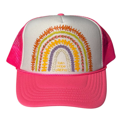 Faith Hope Aloha Hot Pink Ānuenue (Rainbow) Lei Trucker Hat