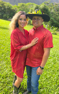 Red & Gold Mana`o`io Bird of Paradise Mens Aloha Shirt
