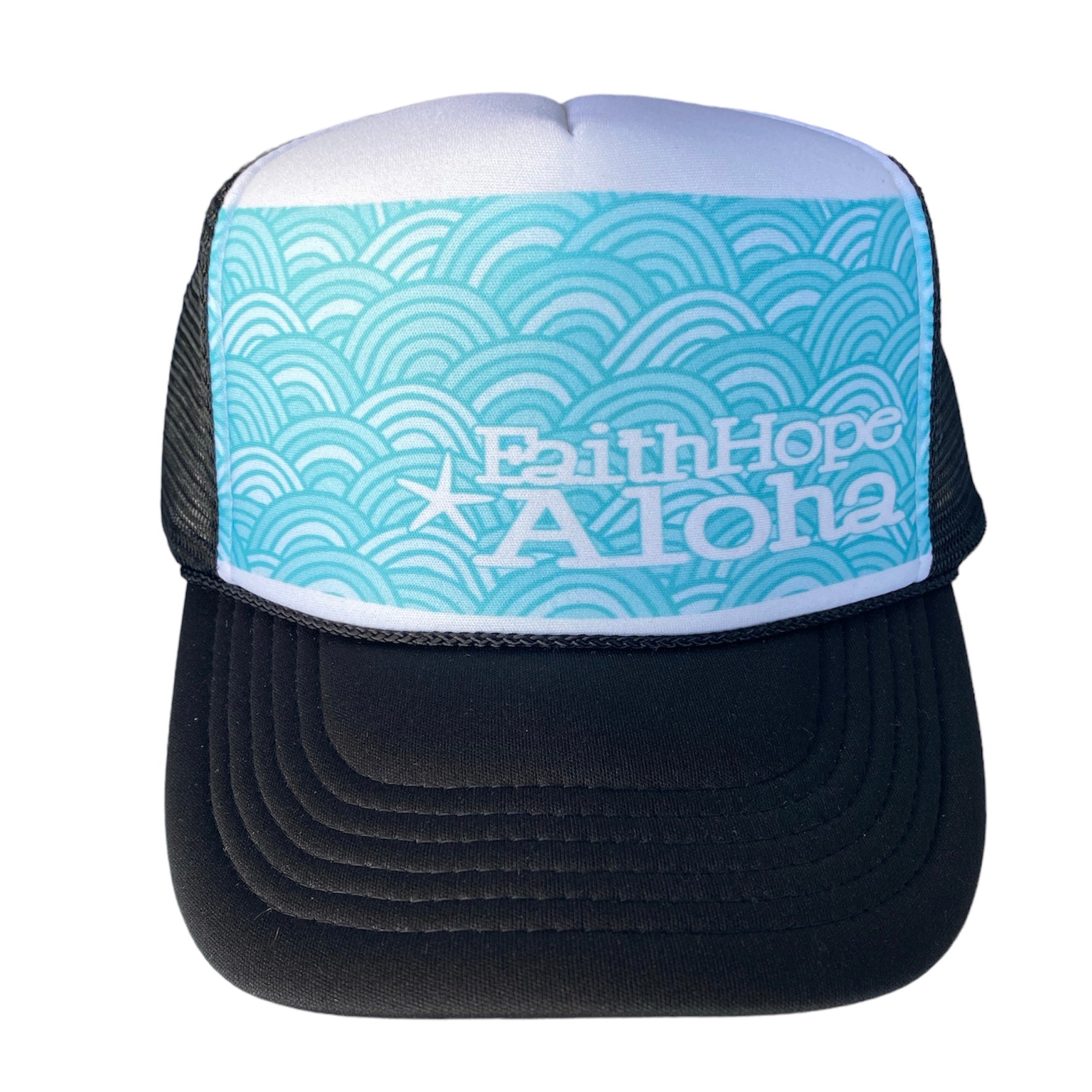 Faith Hope Aloha Black/White with Turquoise Blue Ocean Fun Design Trucker Hat