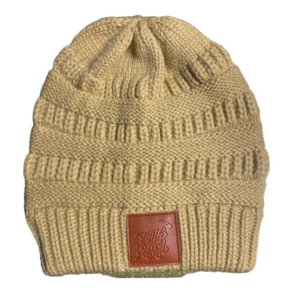 Youth Beige Knit Beanie with Rubber Patch Logo