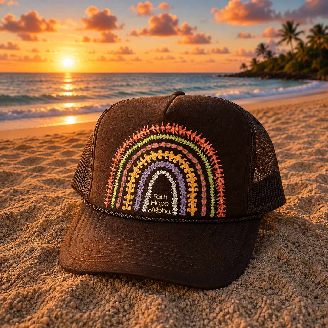 Faith Hope Aloha Brown Ānuenue (Rainbow) Lei Trucker Hat