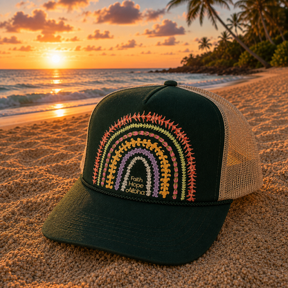 Faith Hope Aloha Dark Green/Beige  Ānuenue (Rainbow) Lei Trucker Hat