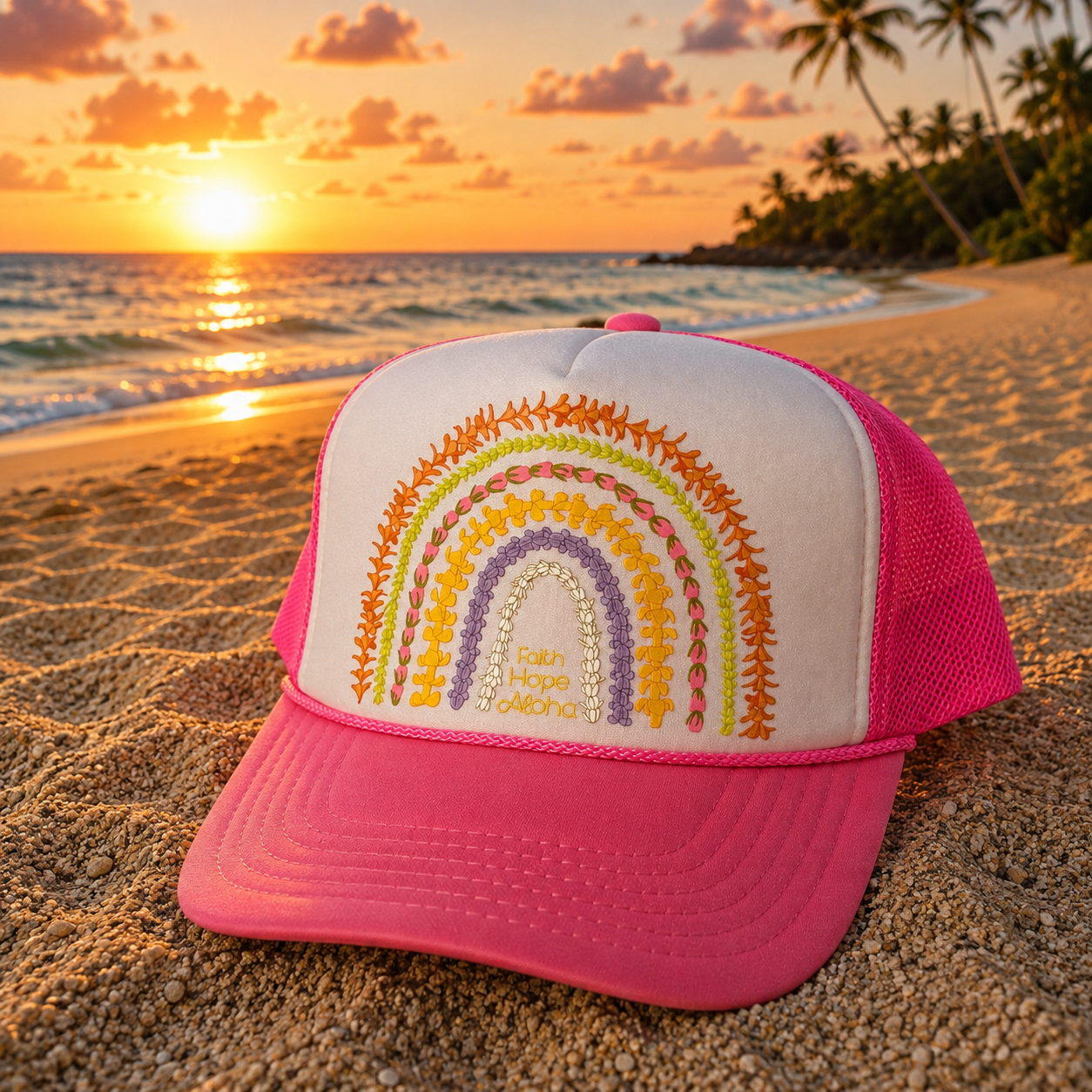 Faith Hope Aloha Hot Pink Ānuenue (Rainbow) Lei Trucker Hat