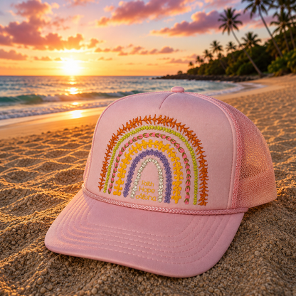 Faith Hope Aloha Light Pink Ānuenue (Rainbow) Lei Trucker Hat