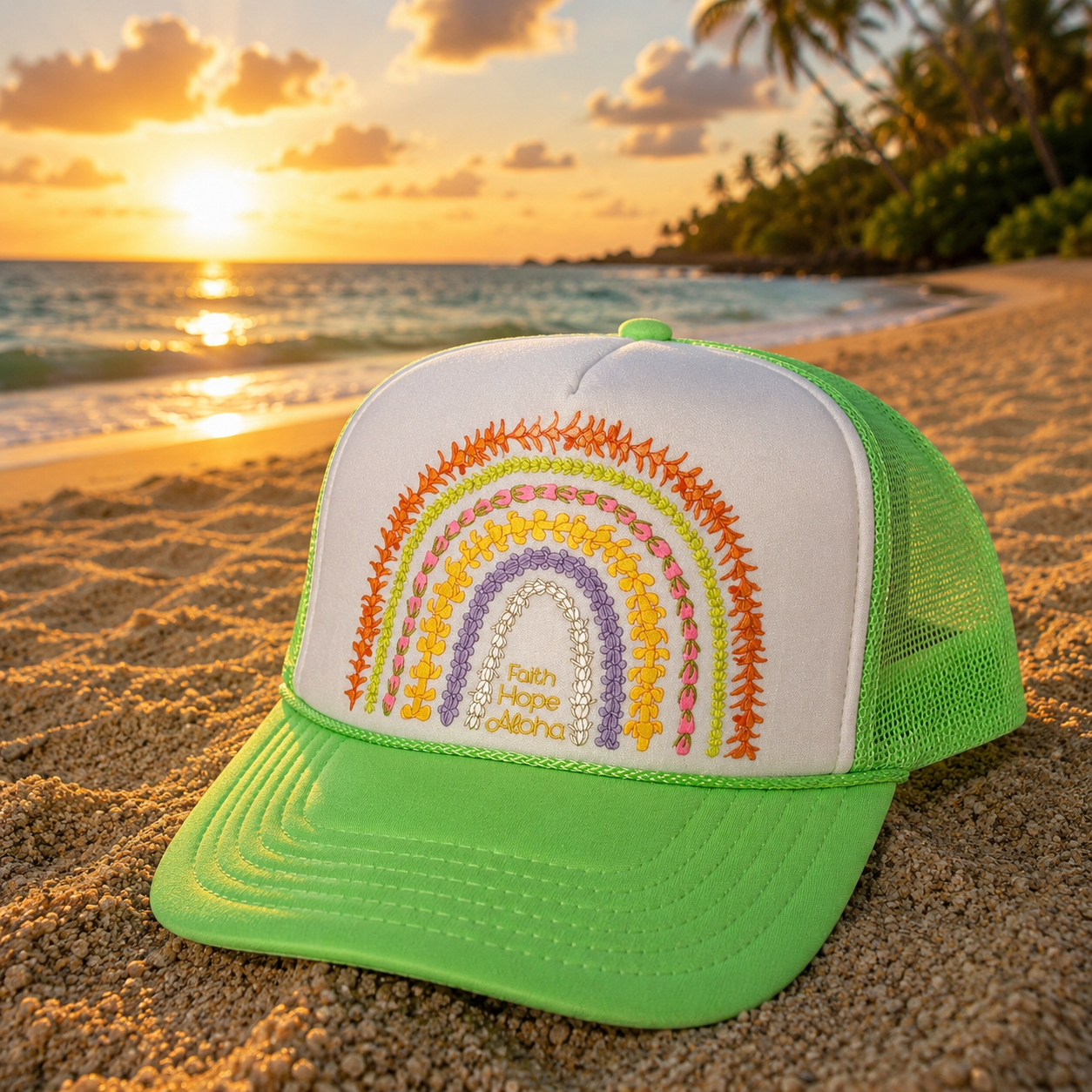 Faith Hope Aloha Sunrise Neon Green/White Ānuenue (Rainbow) Lei Trucker Hat