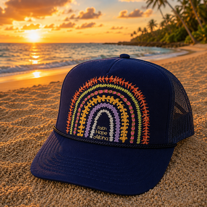 Faith Hope Aloha Poni (Purple) Ānuenue (Rainbow) Lei Trucker Hat