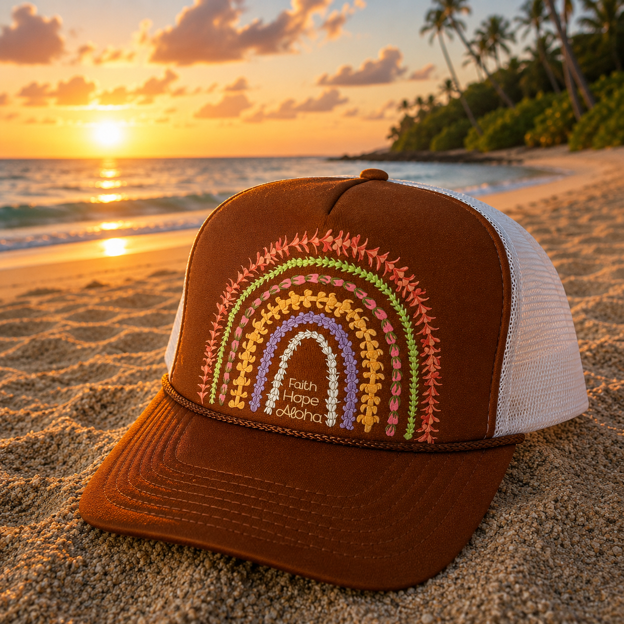 Faith Hope Aloha Sunrise Orange/White Ānuenue (Rainbow) Lei Trucker Hat