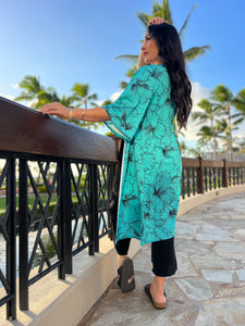 Womens Teal Blue & Black Hibiscus Kimono