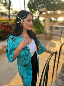 Womens Teal Blue & Black Hibiscus Kimono