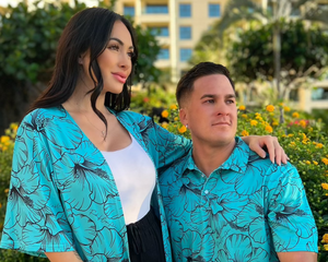 Womens Teal Blue & Black Hibiscus Kimono