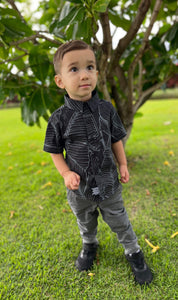 Black Gray Banana Leaf Boys Aloha Shirt