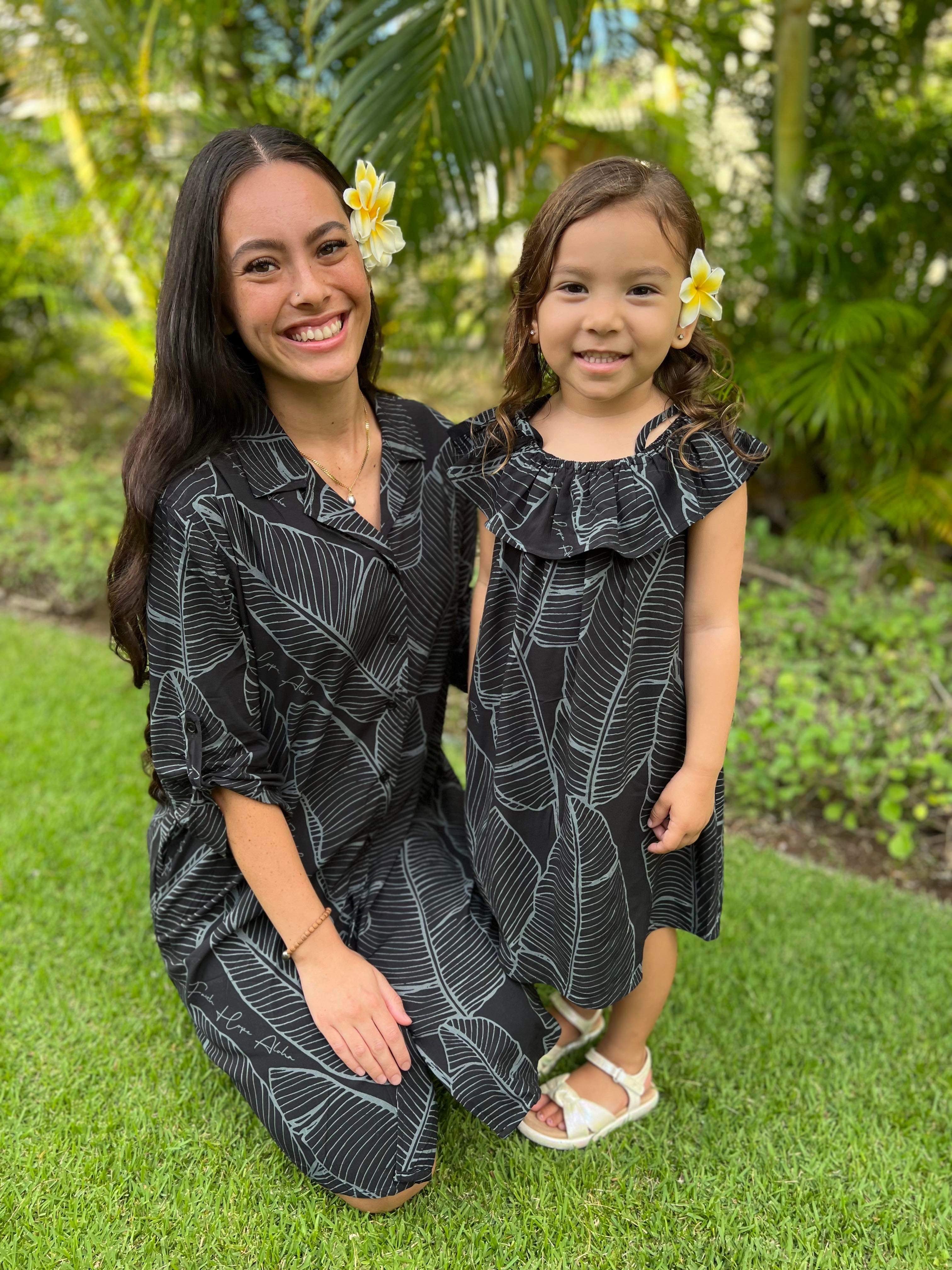 Black Gray Banana Leaf Girls Dress